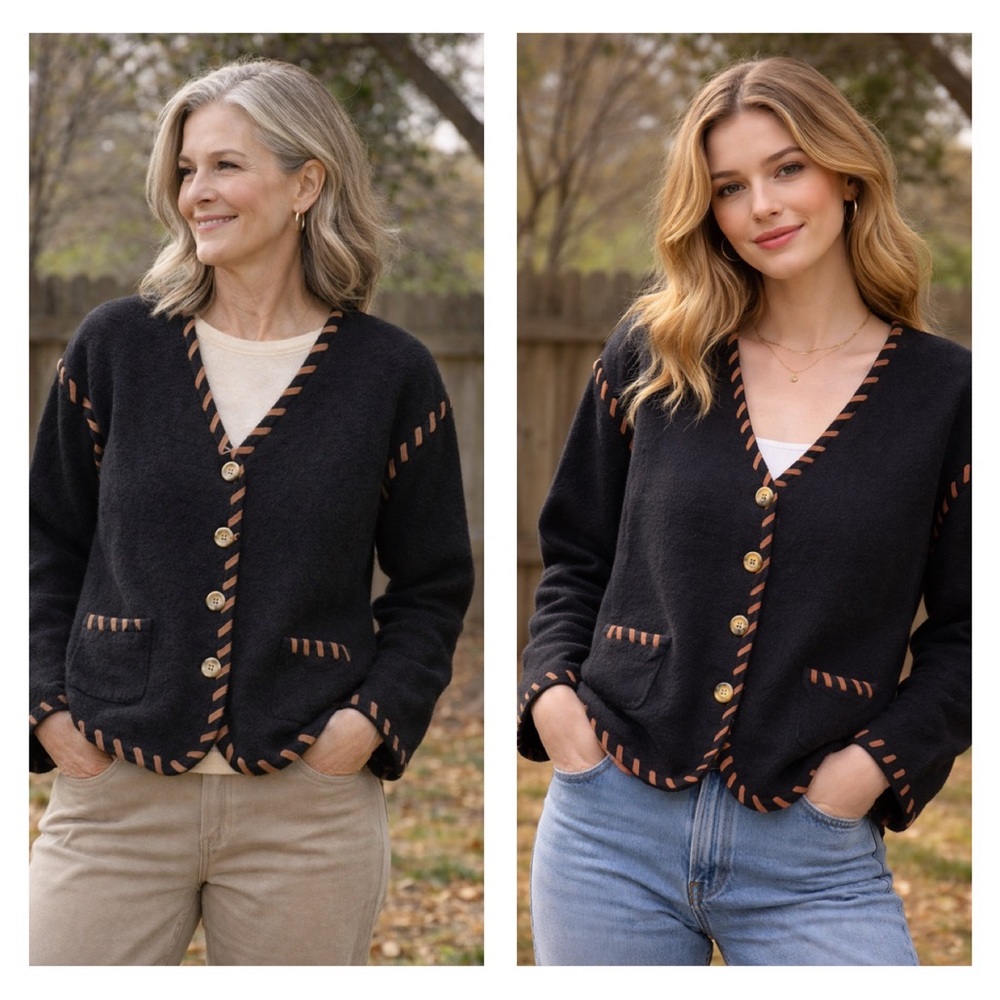 Vintage Lucia Black 100% Wool Cardigan Jacket Whipstitch Trim Button Front Cozy